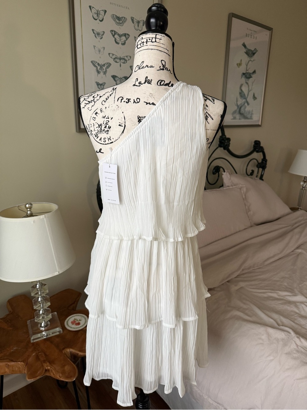 Asymmetric One-Shoulder White Tiered Pleated Dress